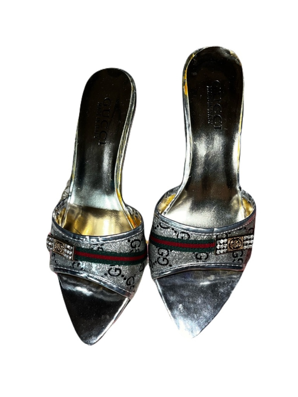 Gucci Silver Leather Mule Pointed Toe Slip-On Heels